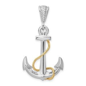 925 Sterling Silver Nautical  3D Anchor with 14k Rope Necklace Charm Pendant